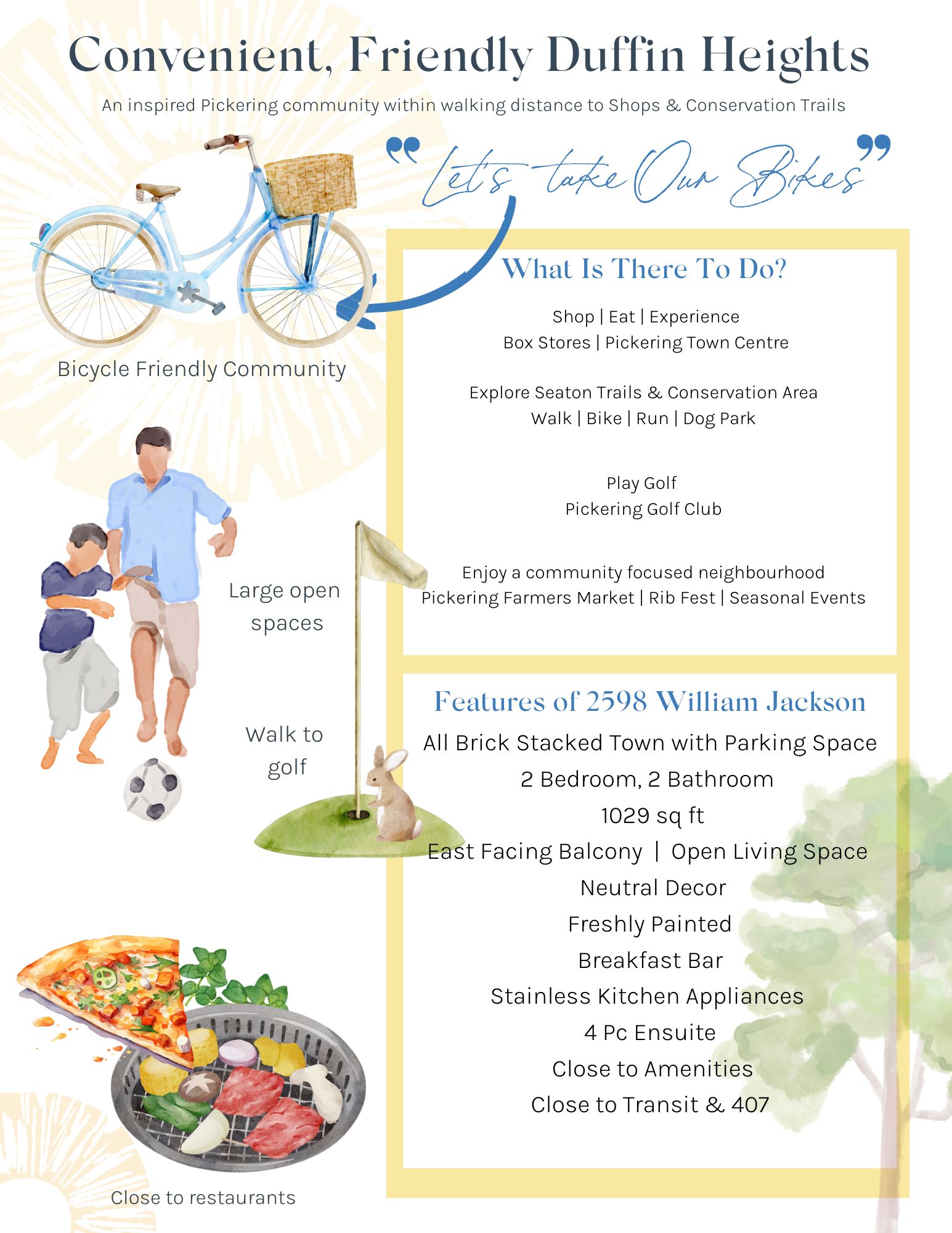 Neighbourhood guide for 14 Sleepy Hollow Place, Whitby highlighting local shops, schools, Heber Downs trails, Brooklin farmers market, McKinney Arena, restaurants, and transit.