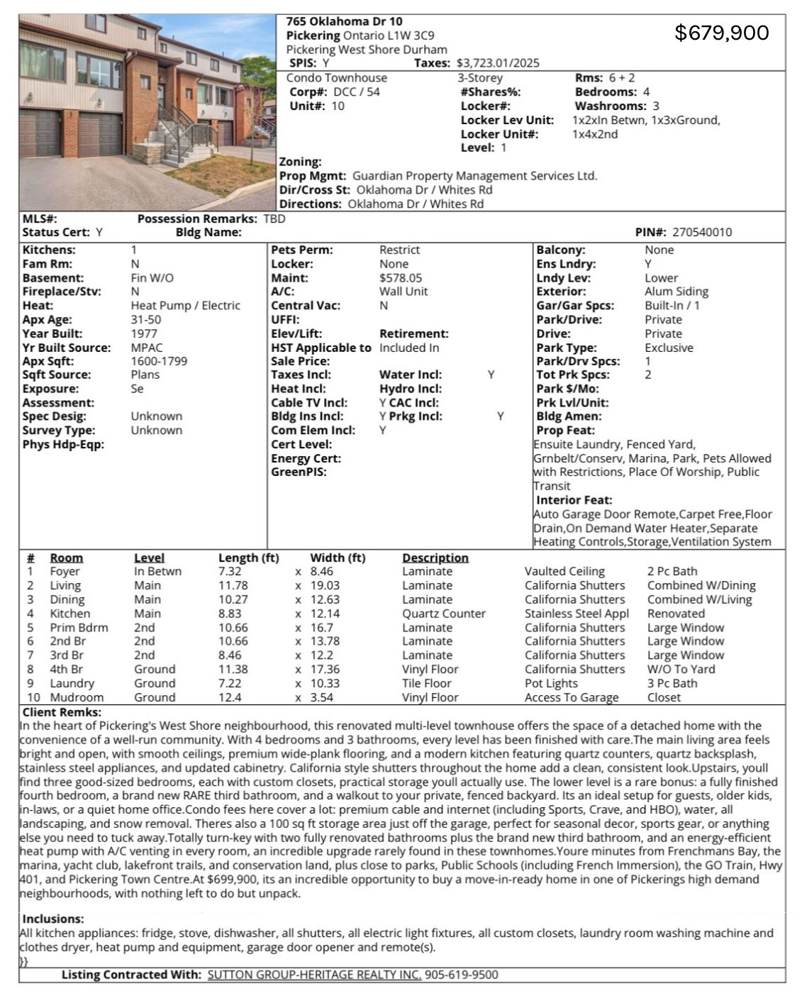 Full MLS listing details for 765 Oklahoma Dr. Unit 10, including rooms, features, upgrades, and tax info.