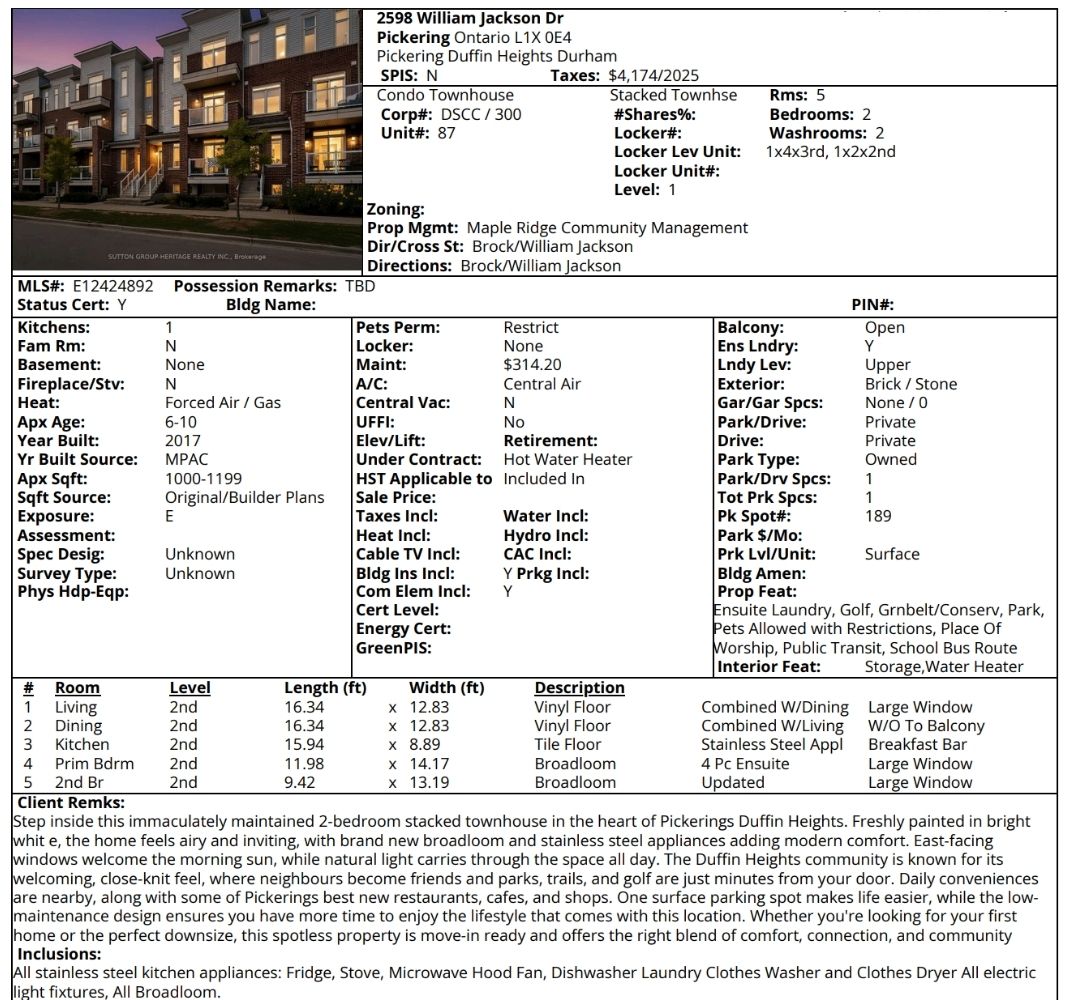 MLS property listing sheet for 14 Sleepy Hollow Place in Whitby, Ontario, showing home details, features, room measurements, and remarks.