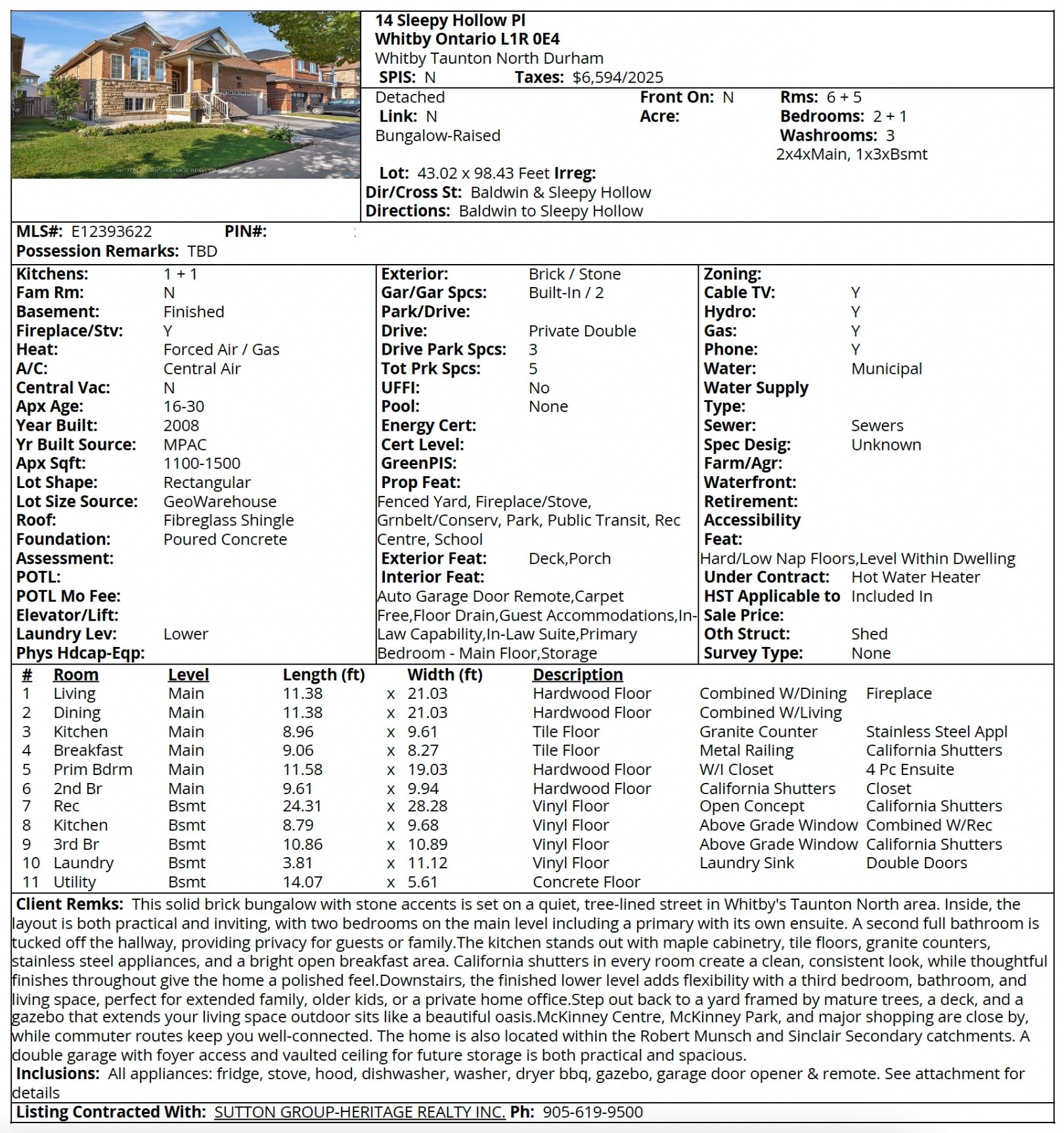 MLS property listing sheet for 14 Sleepy Hollow Place in Whitby, Ontario, showing home details, features, room measurements, and remarks.