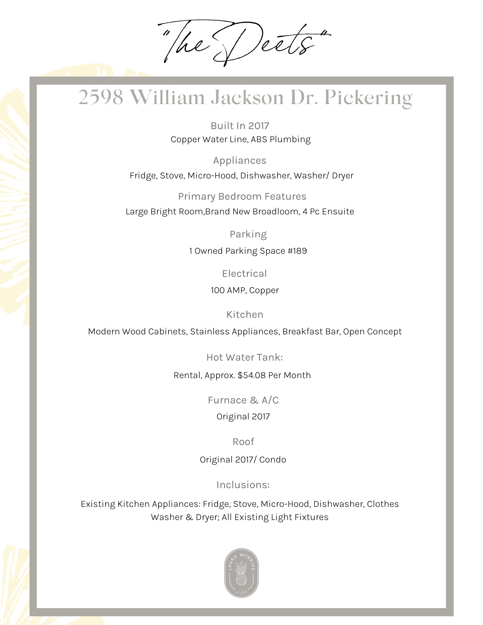 Detailed features list for Unit 10 at 765 Oklahoma Dr. in Pickering, including updates, renovations, and inclusions
