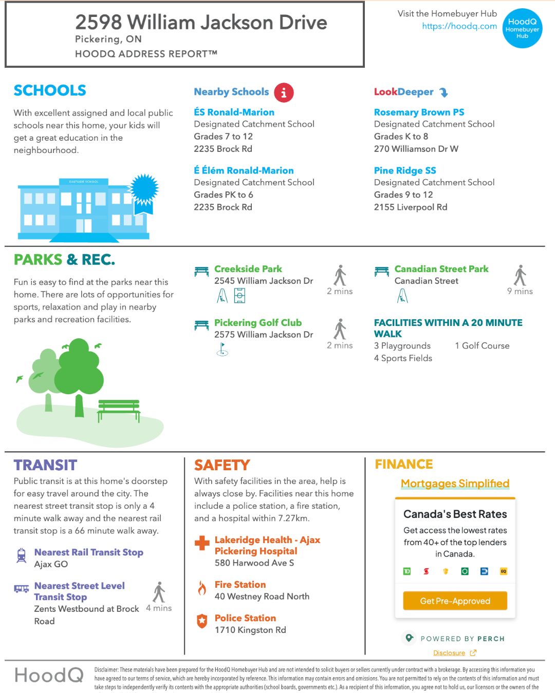 HoodQ address report for 14 Sleepy Hollow Place in Whitby, Ontario, highlighting nearby schools, parks, recreation, transit, and safety facilities.