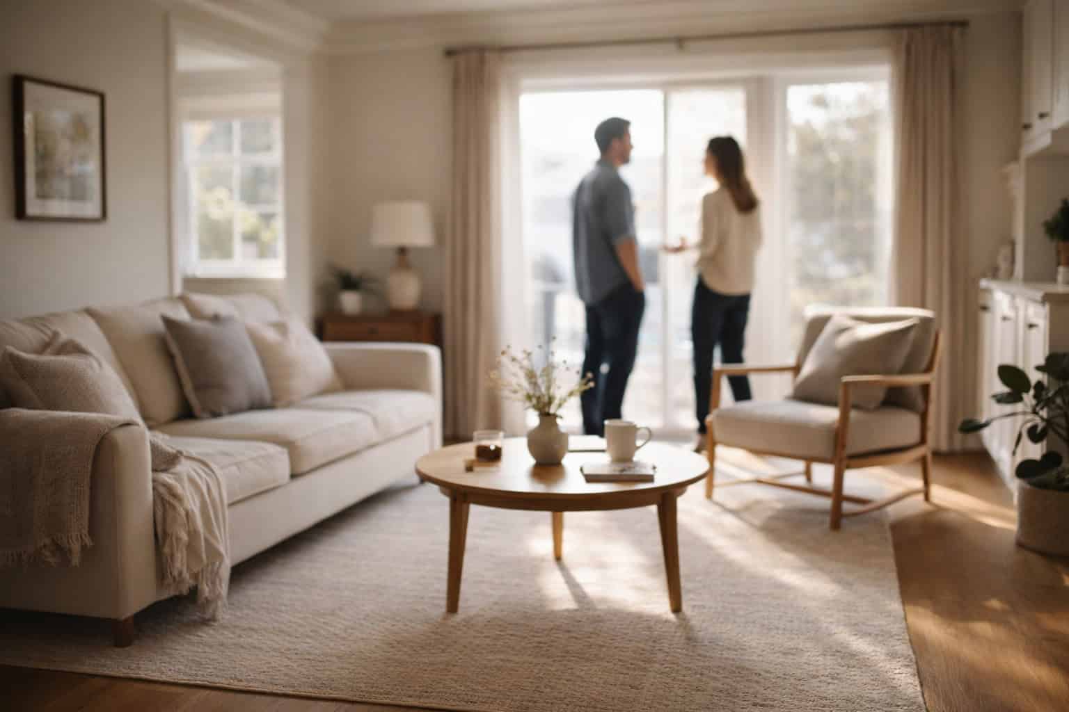 Sunlit living room concept, with neutral home staging furniture and a couple chatting in front of the window.