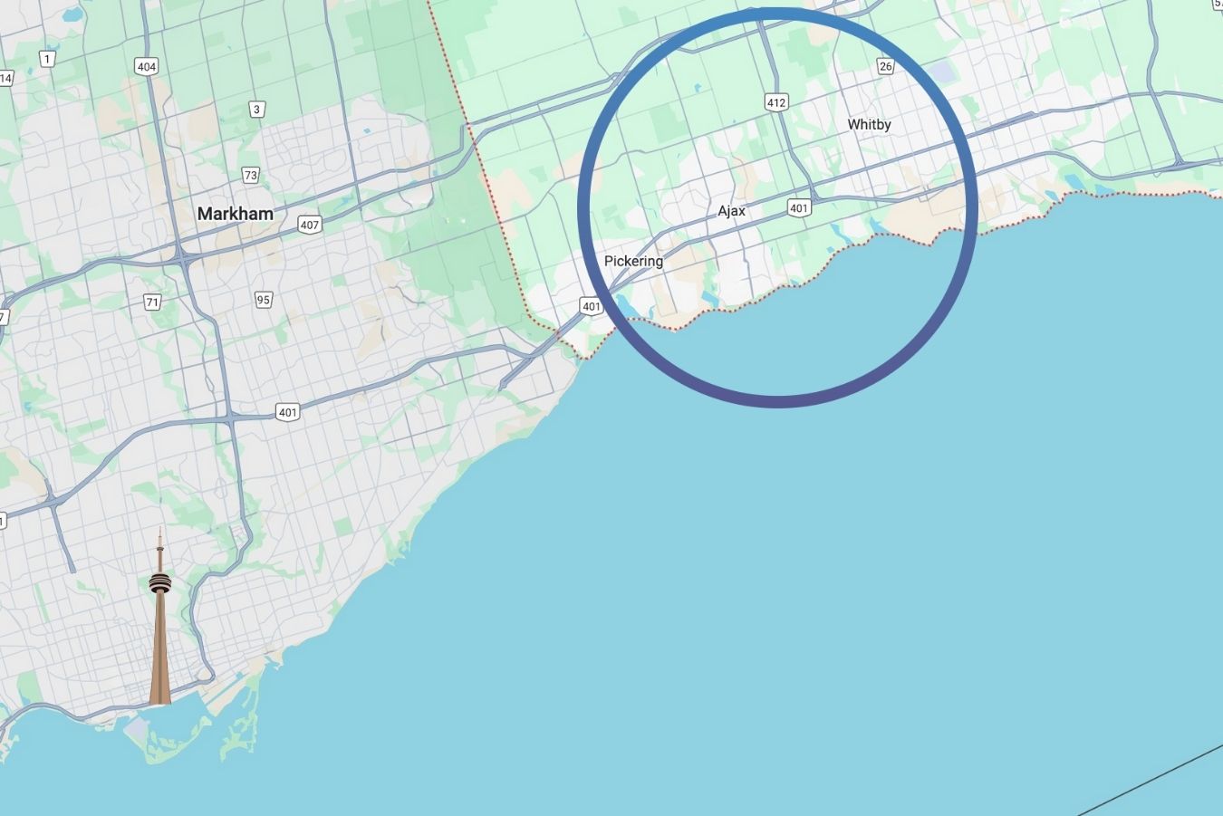 Map highlighting Durham Region along the eastern Greater Toronto Area, with a circular focus on Pickering, Ajax, and Whitby near Highway 401 and Lake Ontario.