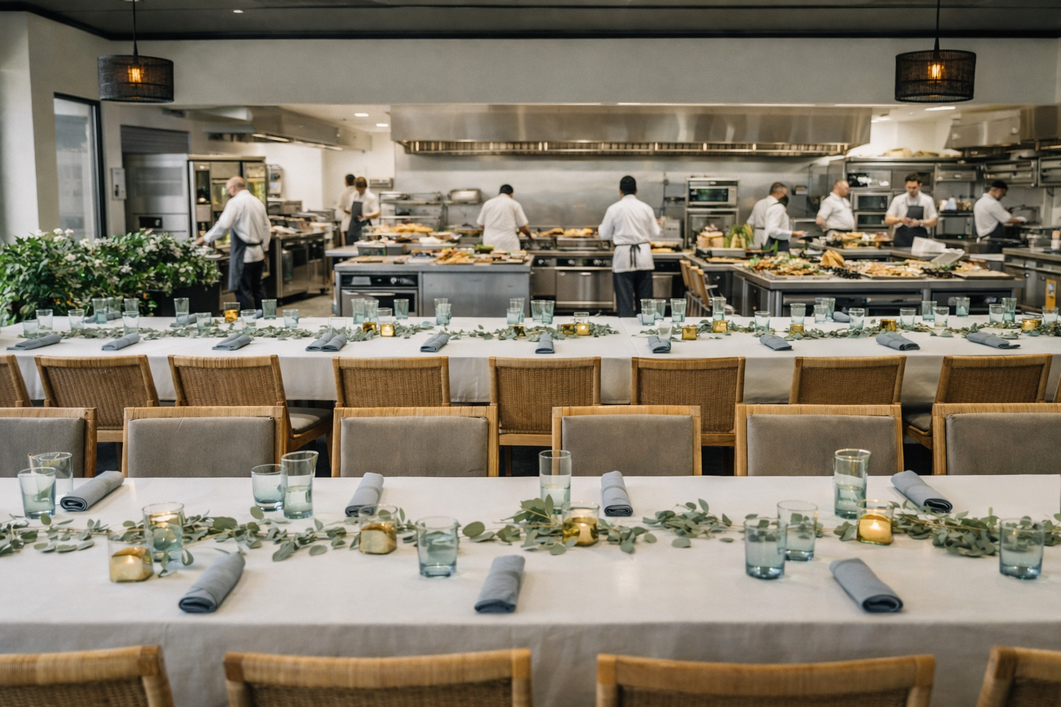 Conceptual image of a long-table private dining event facing an open commercial kitchen, illustrating seamless integration between event space and large-scale culinary production.