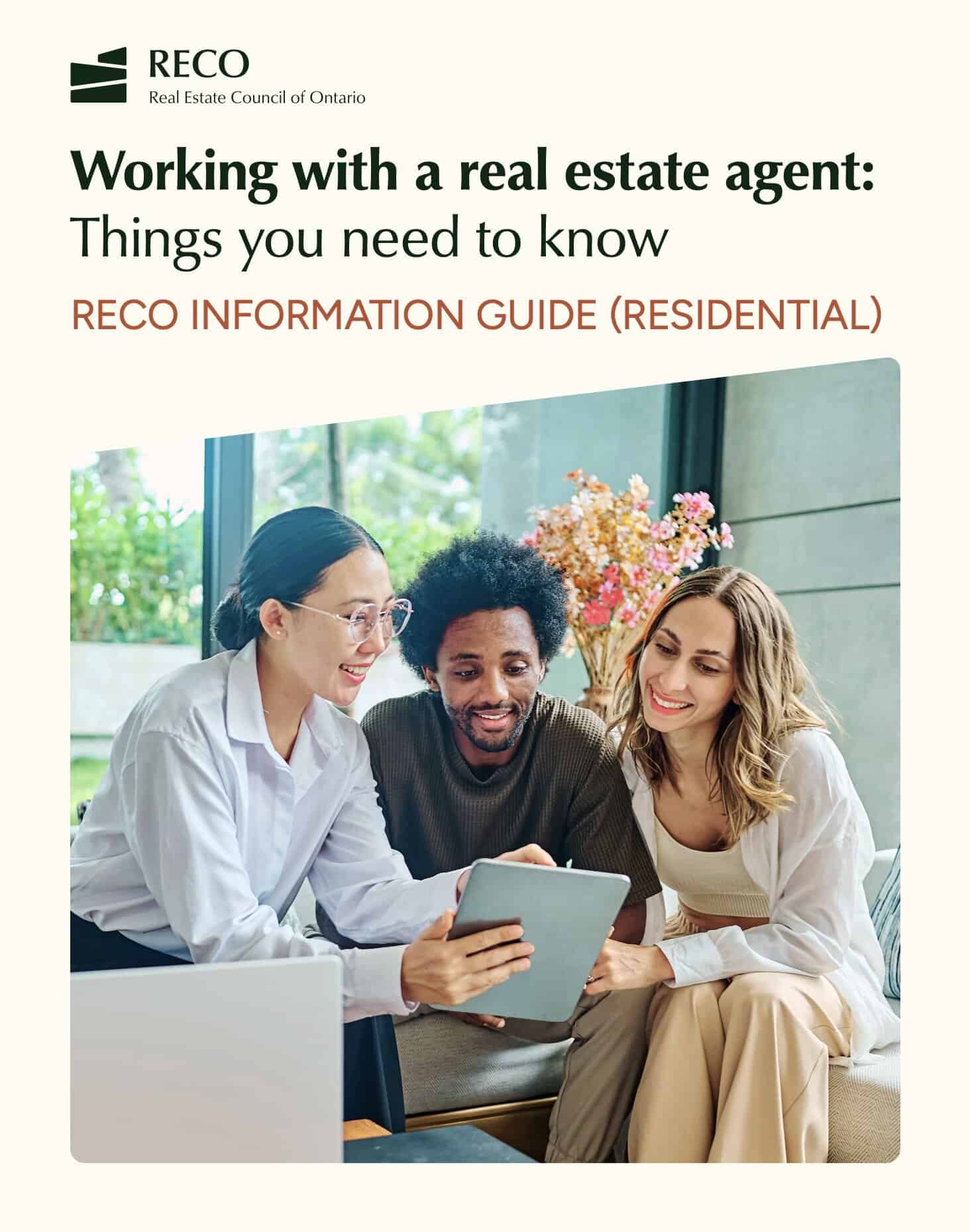 RECO information guide page titled “Know your options” and “Why read the guide,” explaining changes to Ontario real estate law and linking to the full guide.