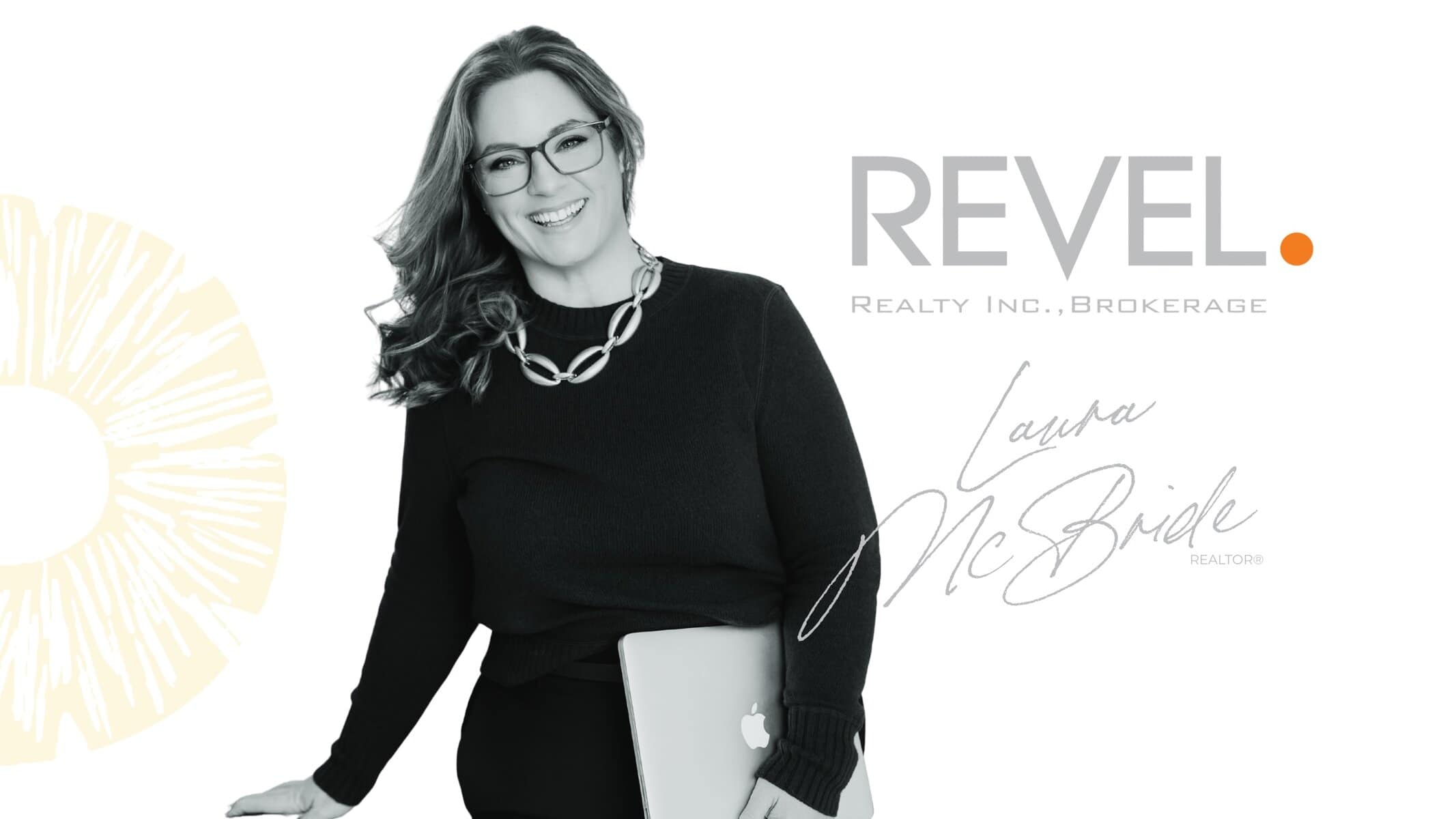 Smiling real estate professional holding a laptop beside the REVEL Realty Inc., Brokerage logo, representing the Ajax and area real estate market.
