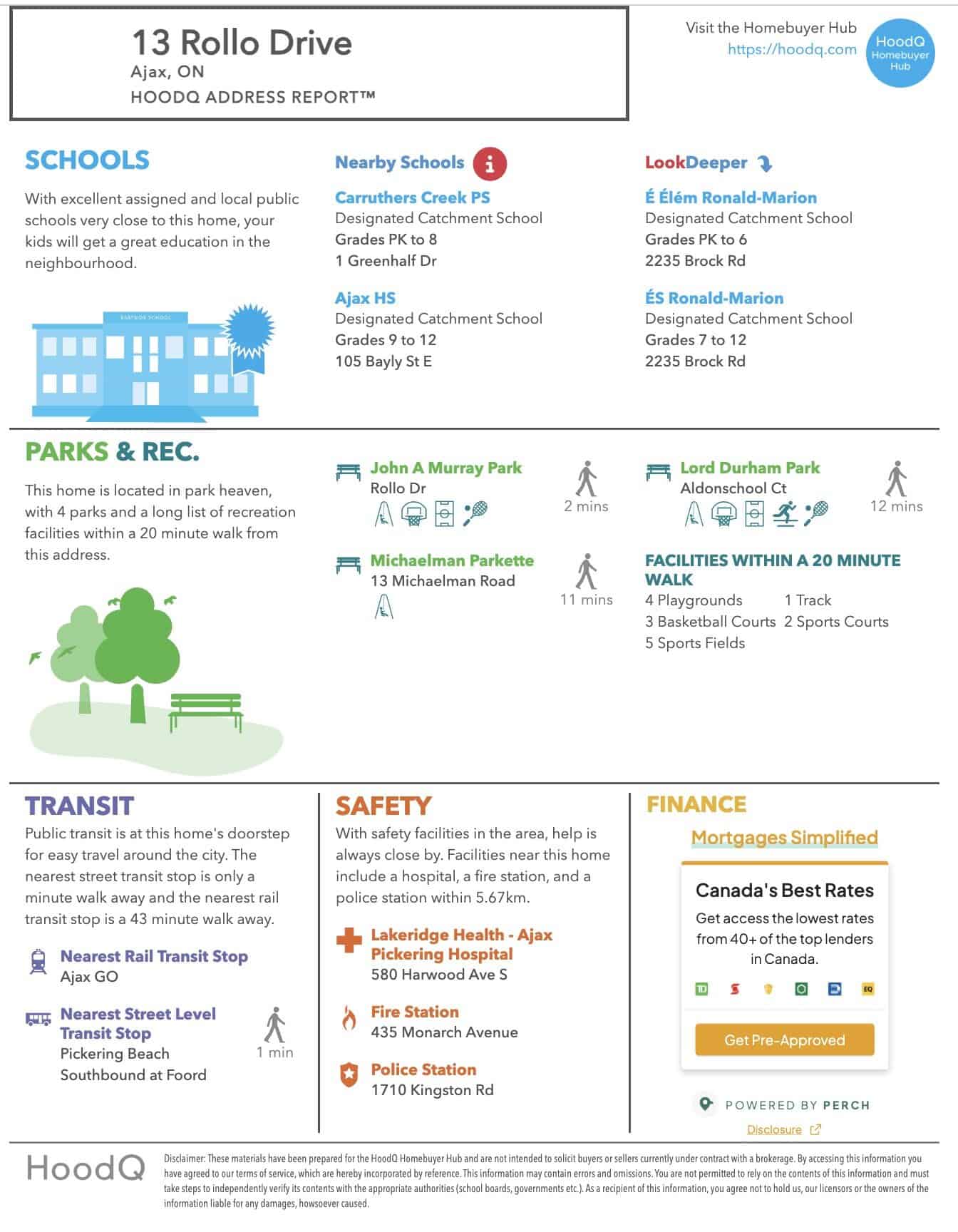 A report of the amenities close to 13 Rollo Dr created by HoodQ