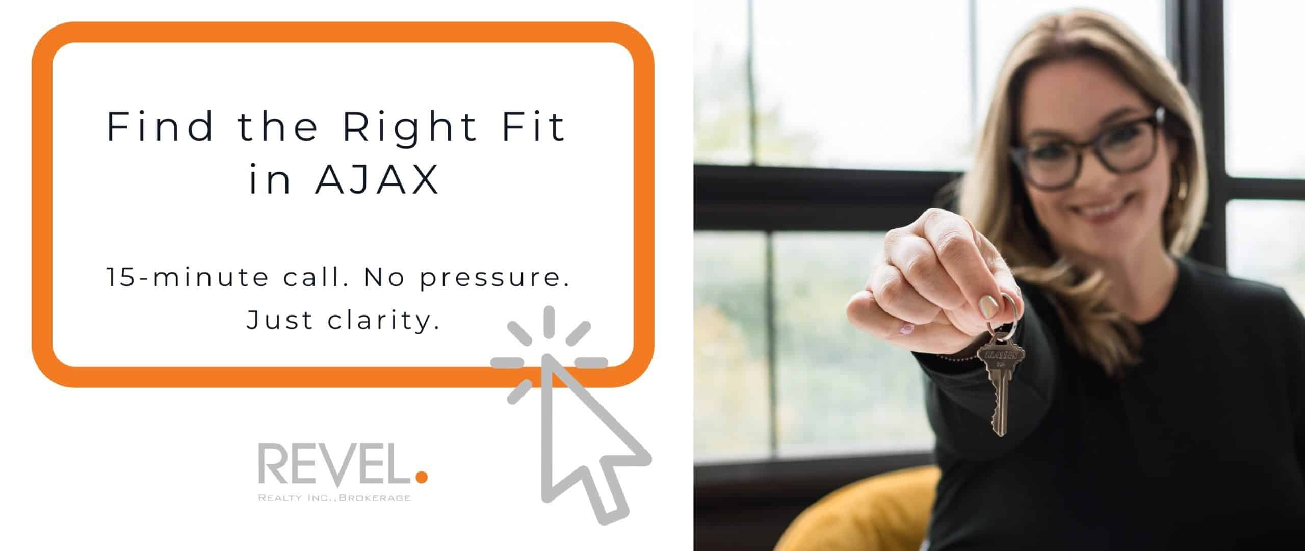 Laura McBride smiles, holding house key with text overlay: "Find The Right Fit In Ajax"