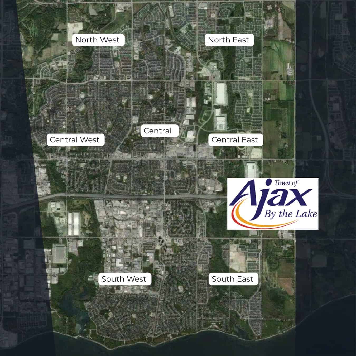Aerial map of Ajax, Ontario, divided into seven labeled areas: North West, North East, Central West, Central, Central East, South West, and South East, with the Town of Ajax logo on the right.