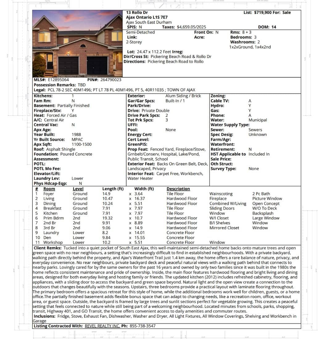 13 Rollo Dr, Ajax, Ontario semi-detached home for sale with a brick exterior, built-in garage, three bedrooms, two bathrooms, and a fenced backyard backing onto green space.