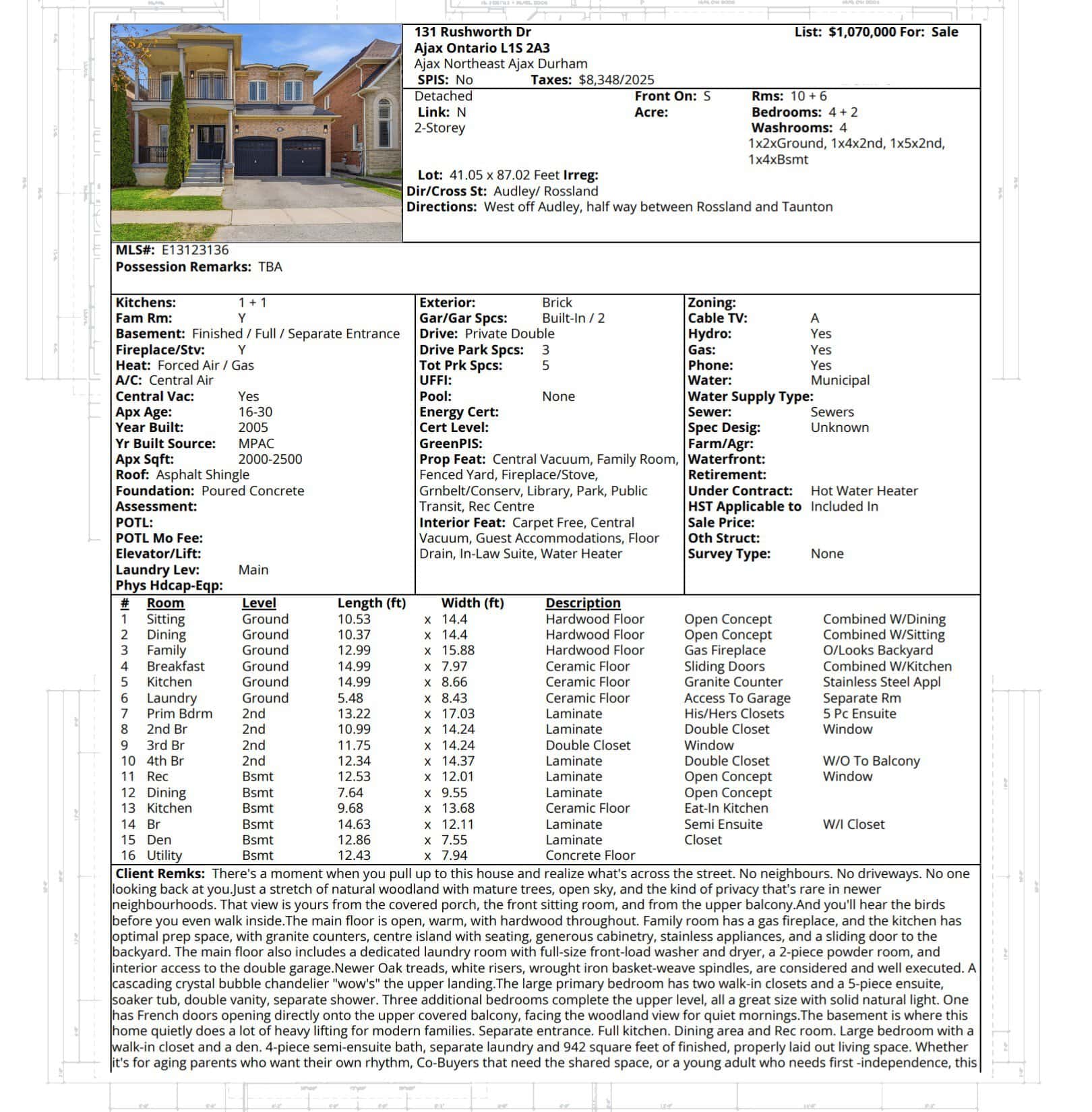 13 Rollo Dr, Ajax, Ontario semi-detached home for sale with a brick exterior, built-in garage, three bedrooms, two bathrooms, and a fenced backyard backing onto green space.