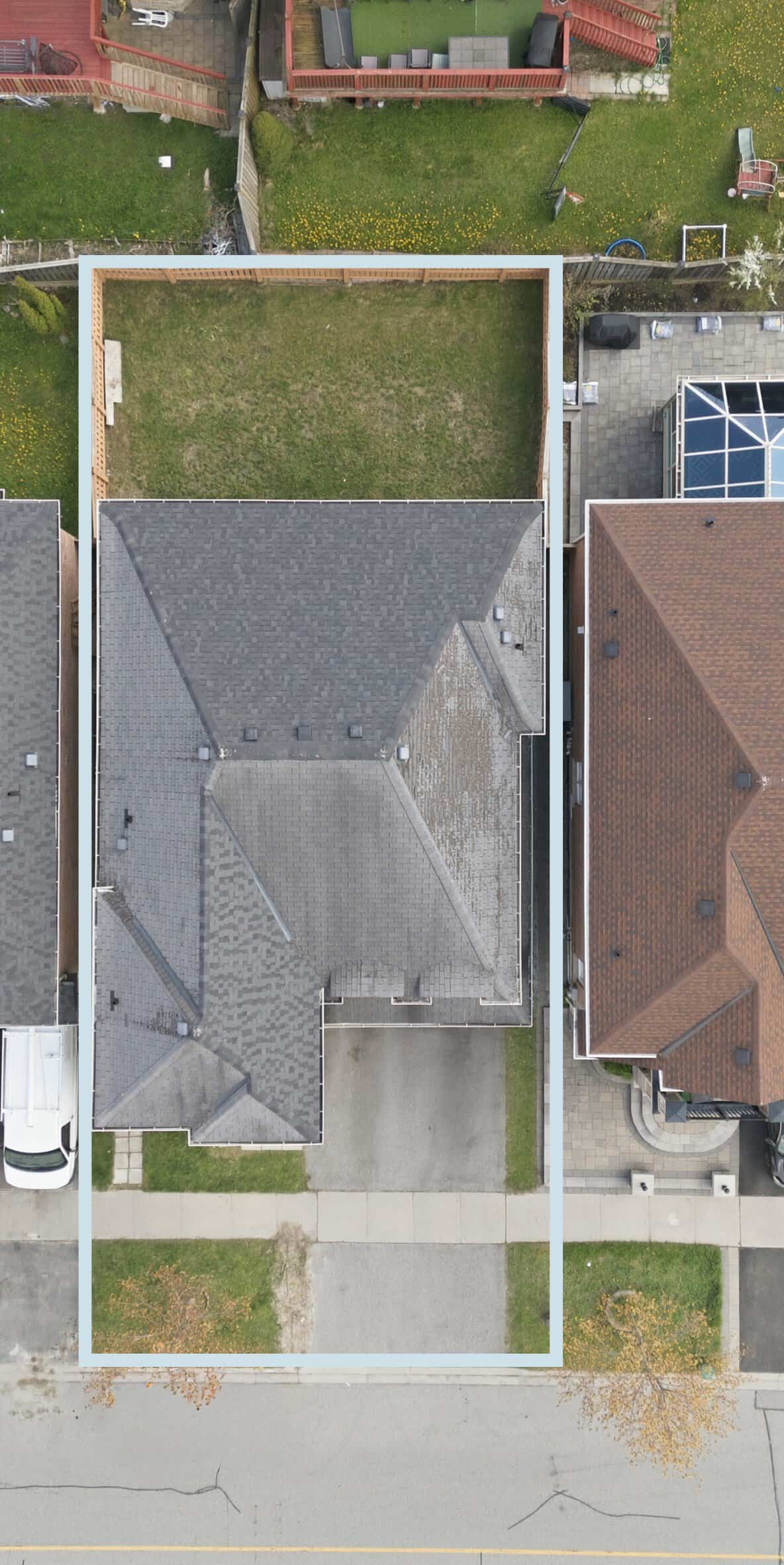 Aerial lot view of 131 Rushworth Drive in Ajax showing the home, driveway, fenced backyard, and neighbouring properties.