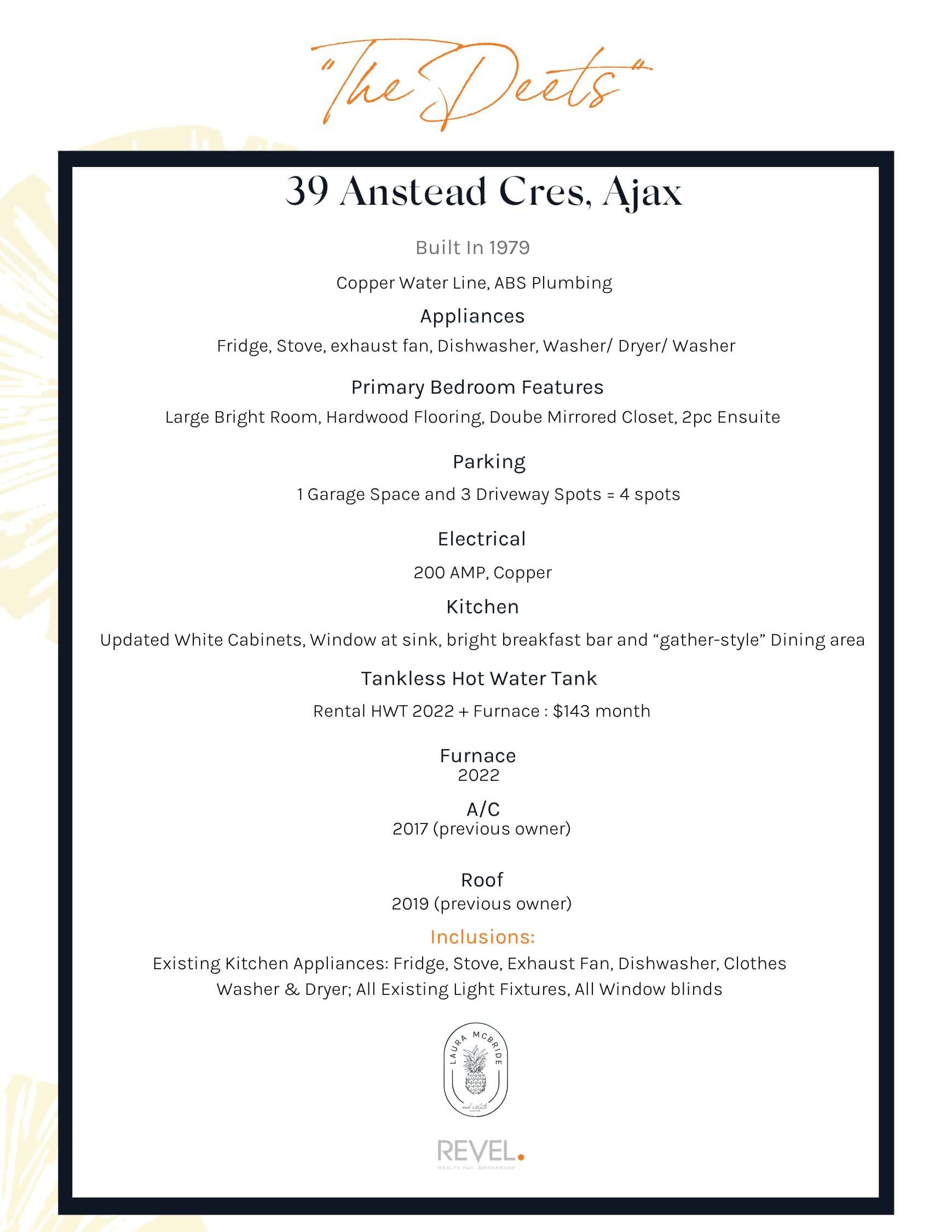 39 Anstead The Deets Features List