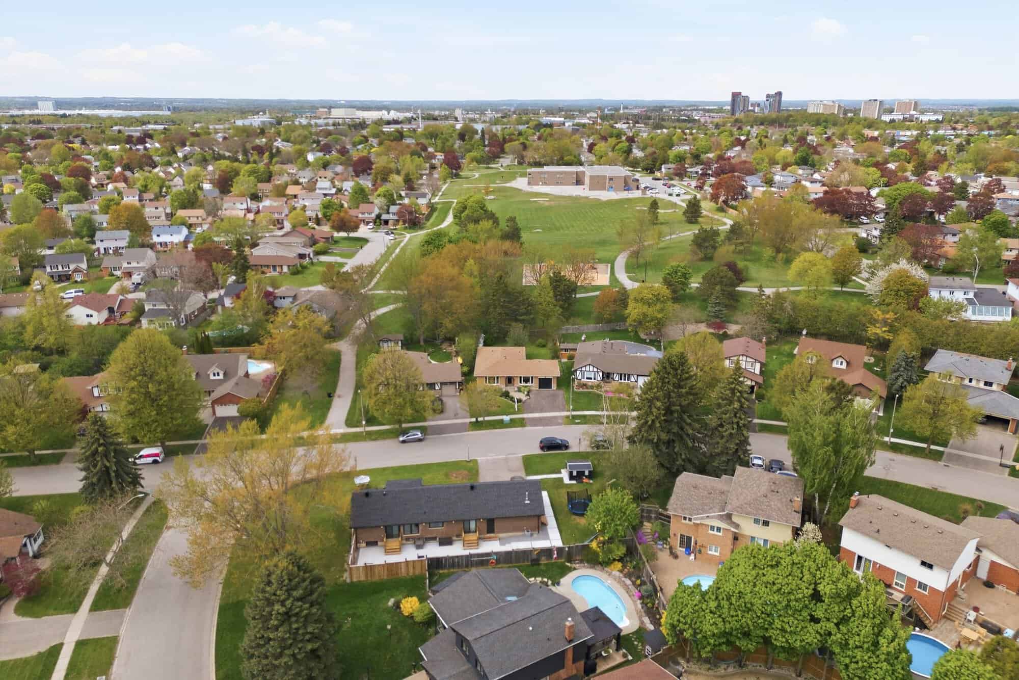 Aerial view of the South Ajax neighbourhood near 39 Anstead Crescent, showing nearby parkland and homes.