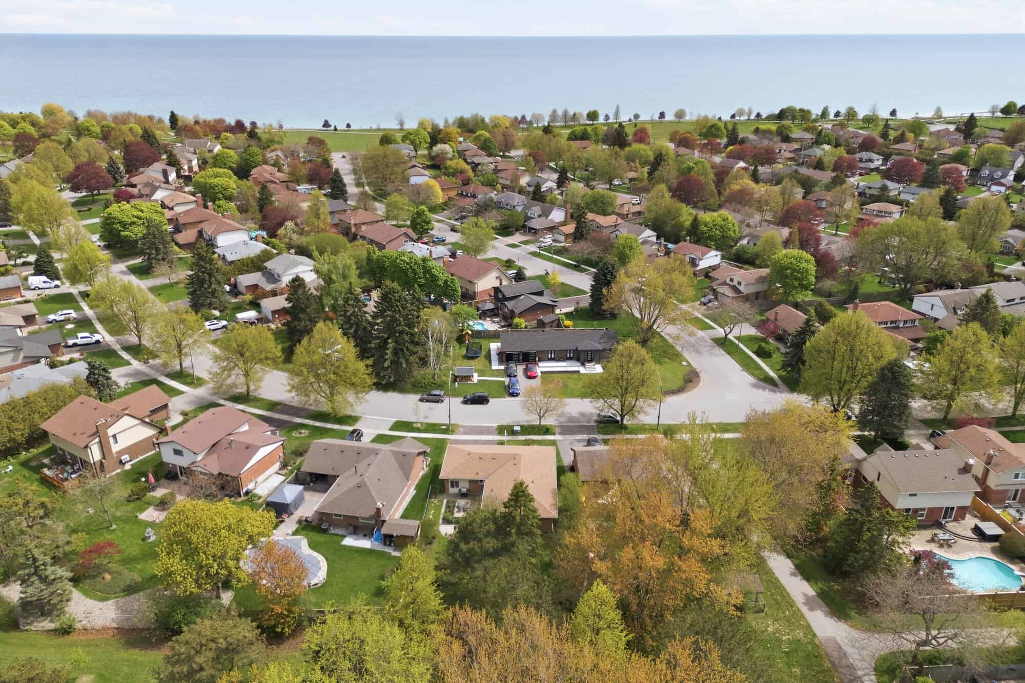 Aerial view of the South Ajax neighbourhood near 39 Anstead Crescent, with Lake Ontario in the distance.