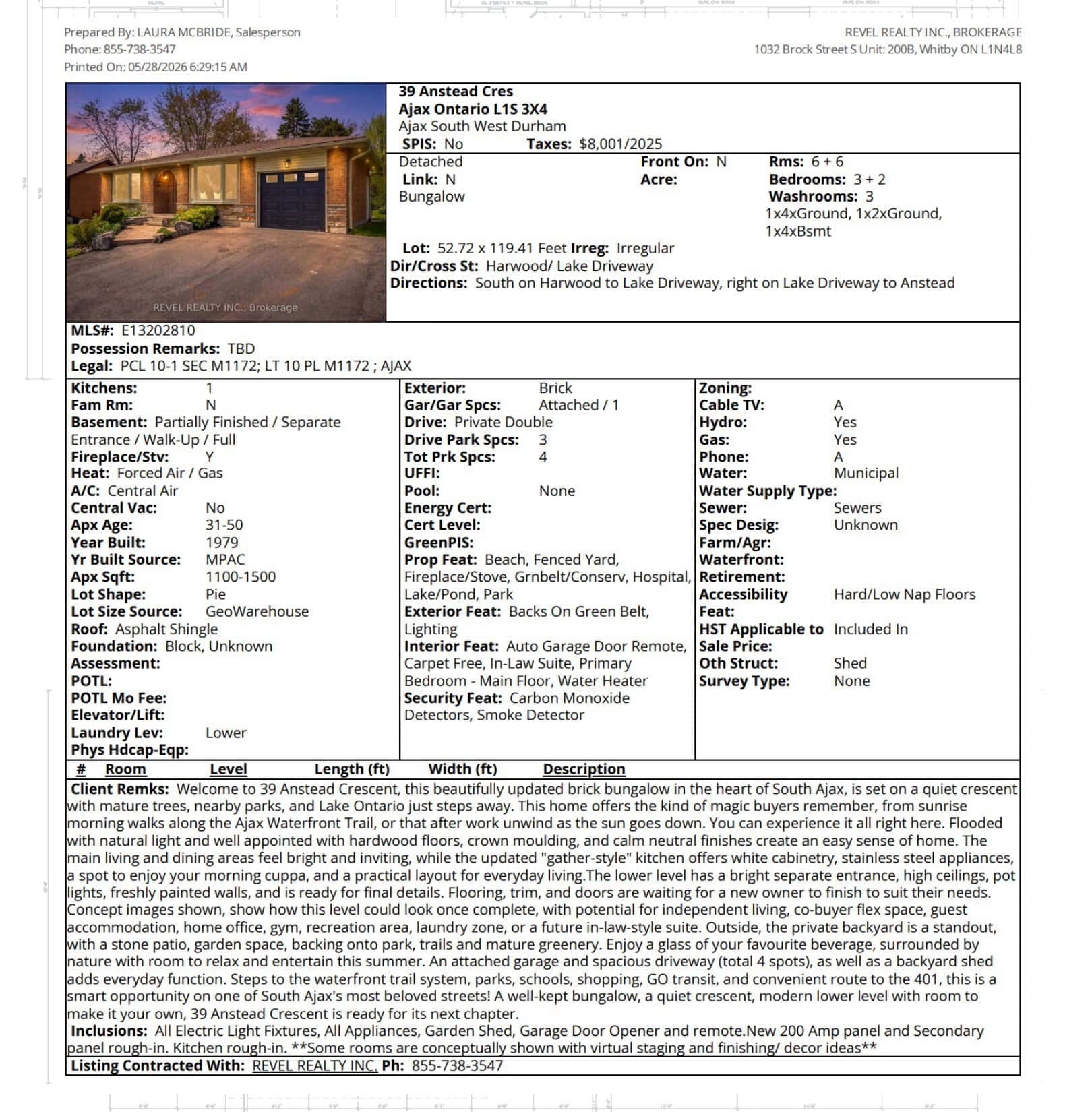 13 Rollo Dr, Ajax, Ontario semi-detached home for sale with a brick exterior, built-in garage, three bedrooms, two bathrooms, and a fenced backyard backing onto green space.