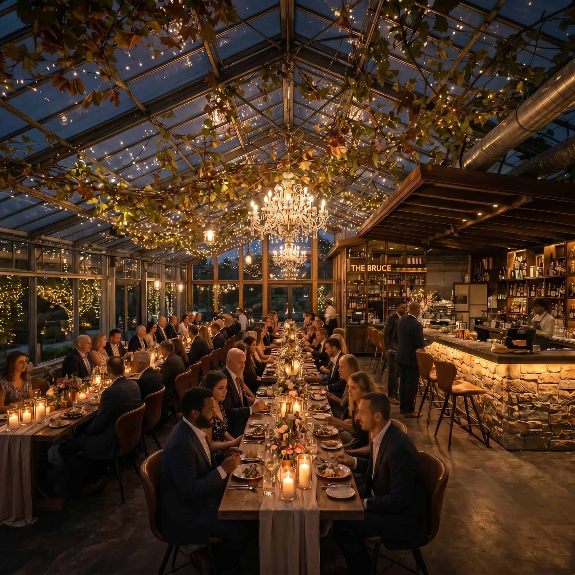 A celebration concept in a greenhouse style restaurant dining room in a farm-to-table concept at 3187 Stouffville Rd.