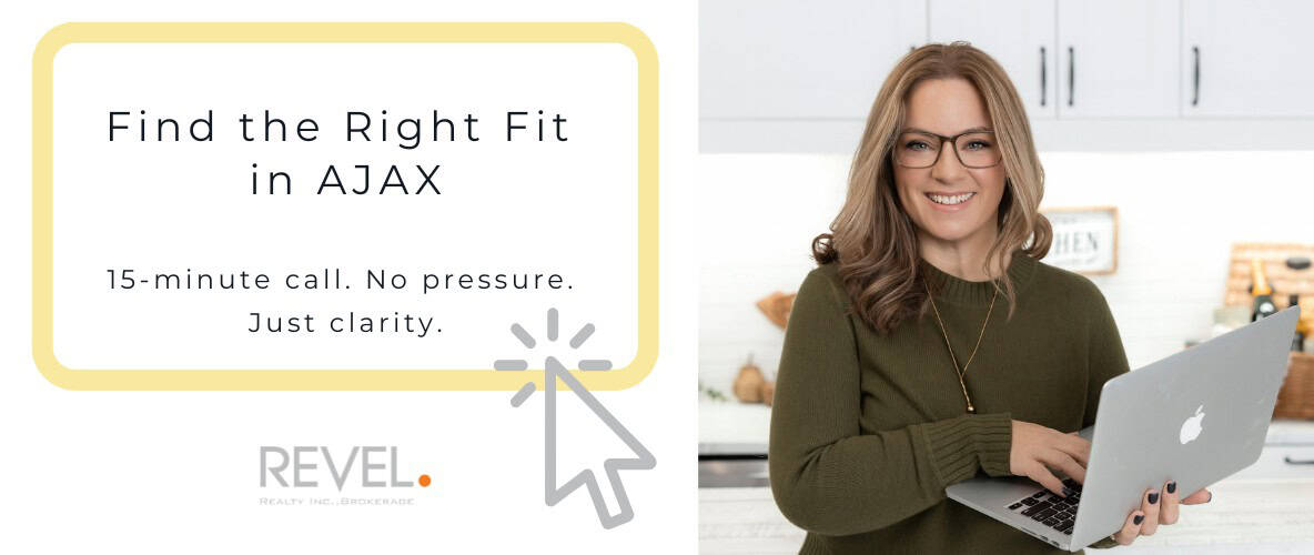Laura McBride holding a laptop beside a call-to-action inviting Ajax home buyers and sellers to book a 15-minute clarity call.