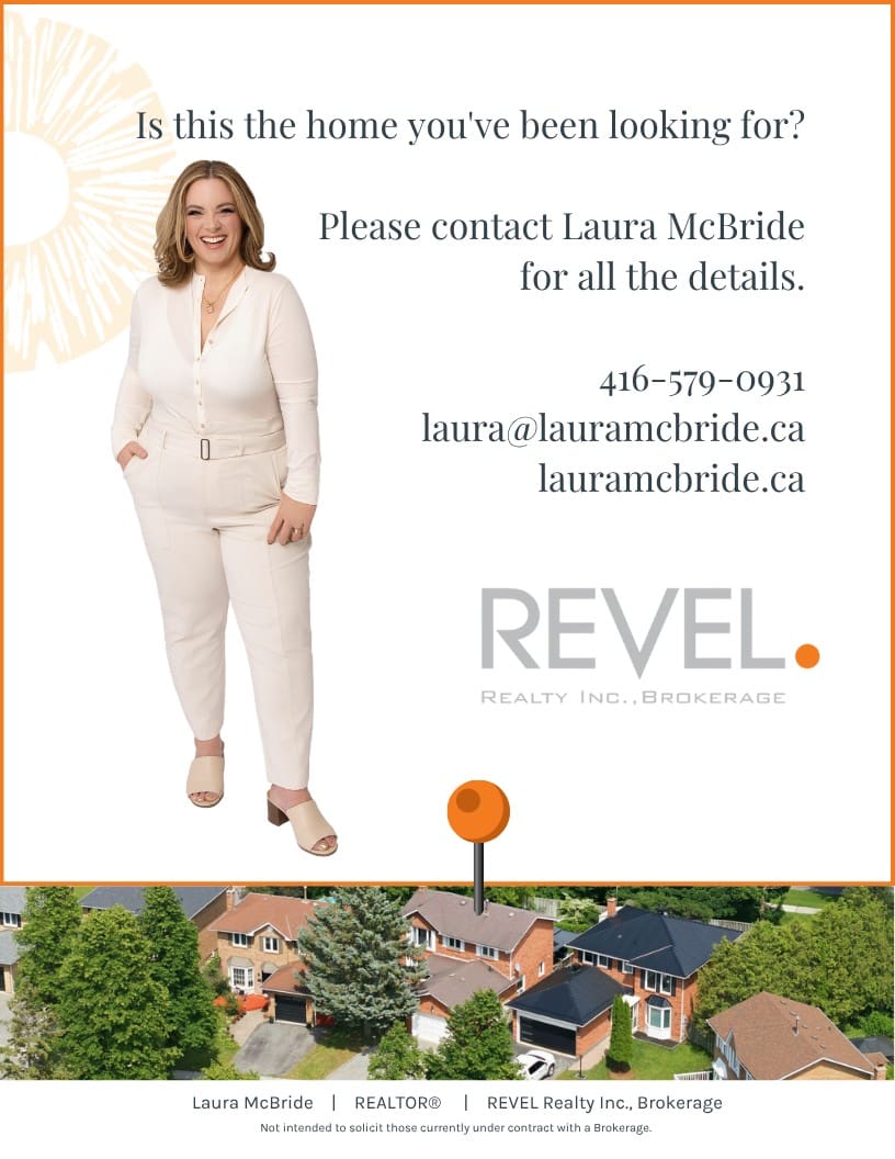 Laura McBride contact graphic for 13 Flowers Crescent with phone number, email, website and REVEL Realty brokerage details.