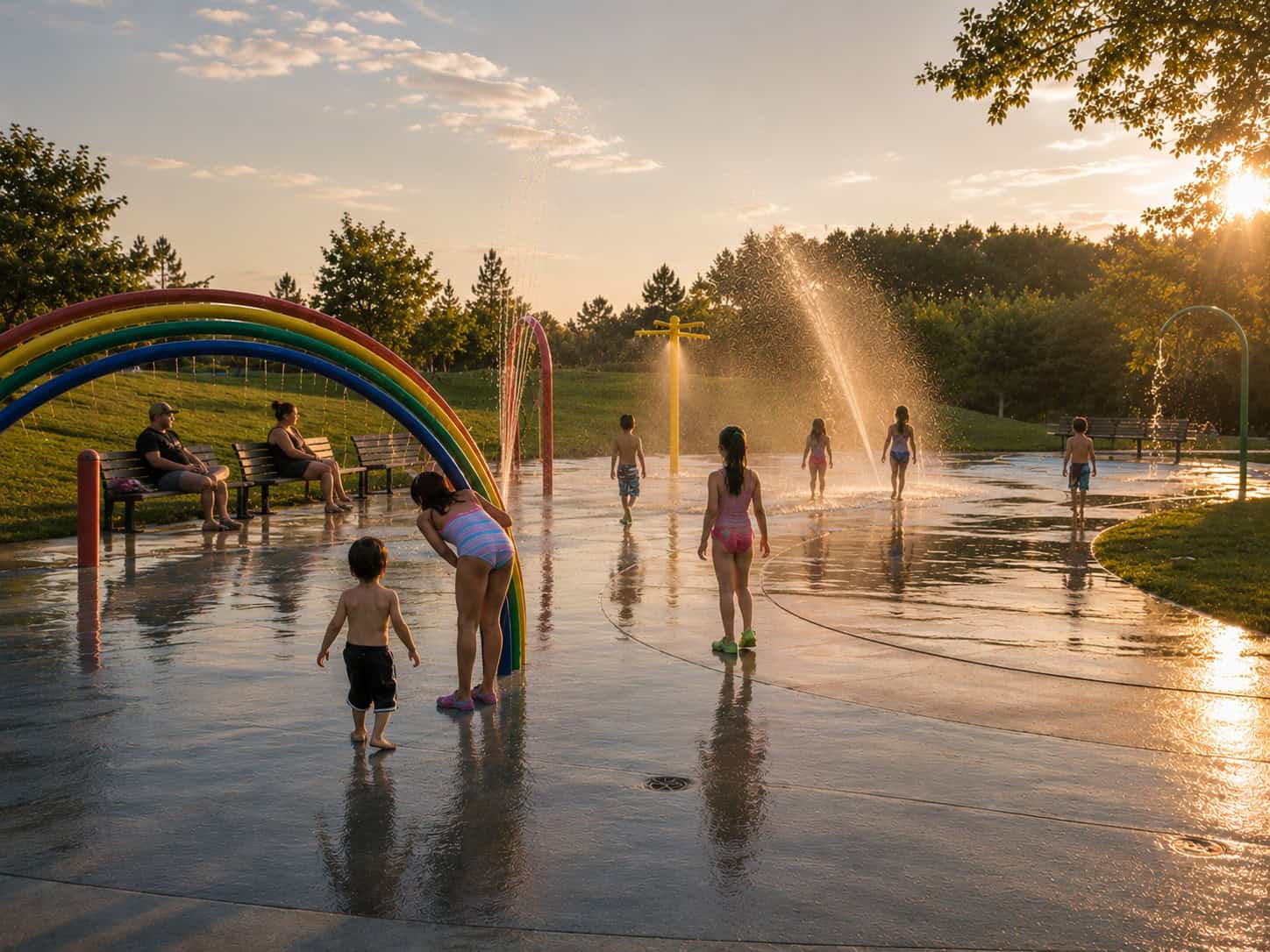 A virtual rendition of Ajax Waterfront splash pad at sunset with families enjoying a summer evening