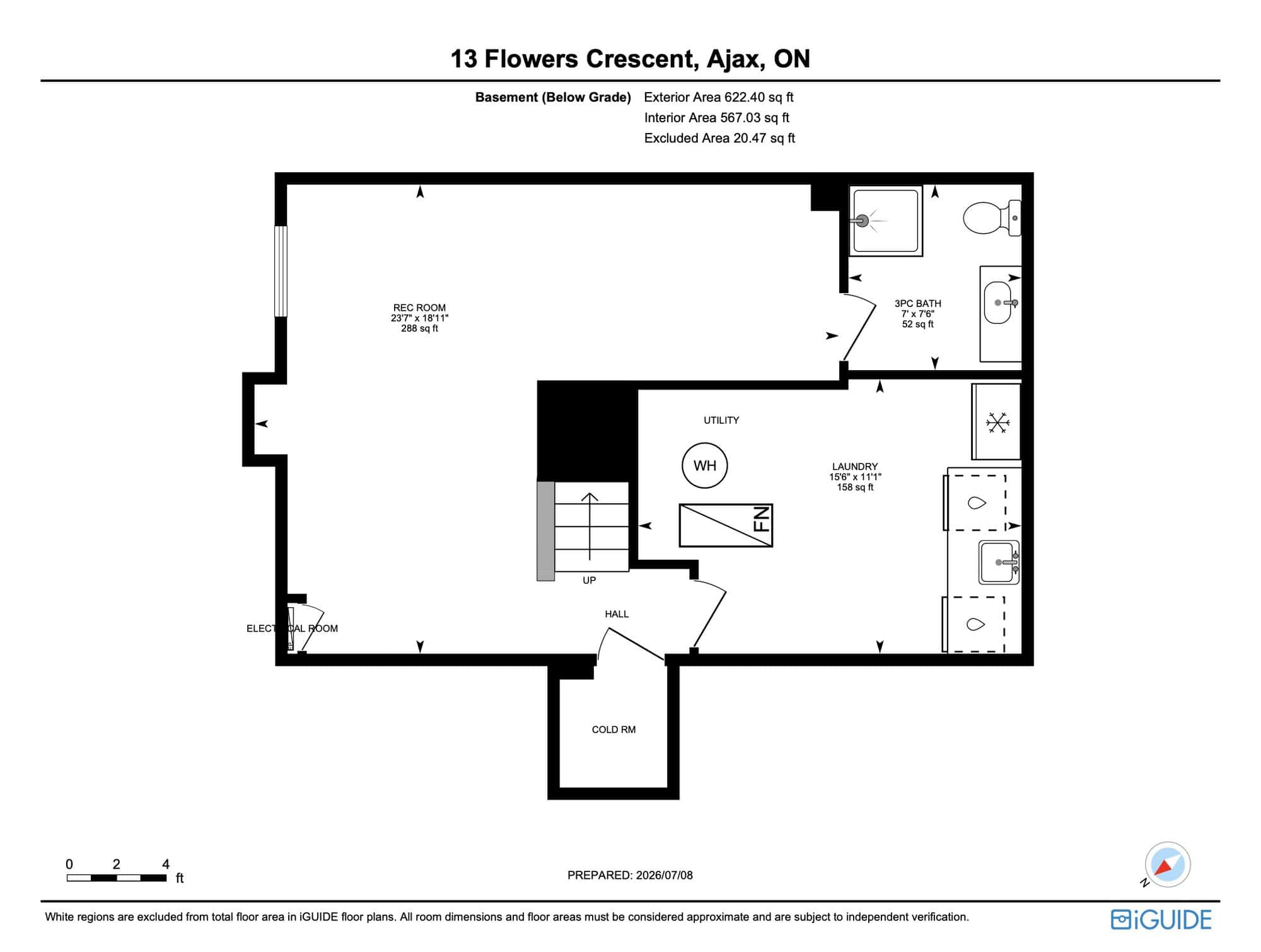 Basement floor plan of 13 Flowers Crescent in Ajax showing the recreation room, laundry area, three-piece bathroom and utility space.