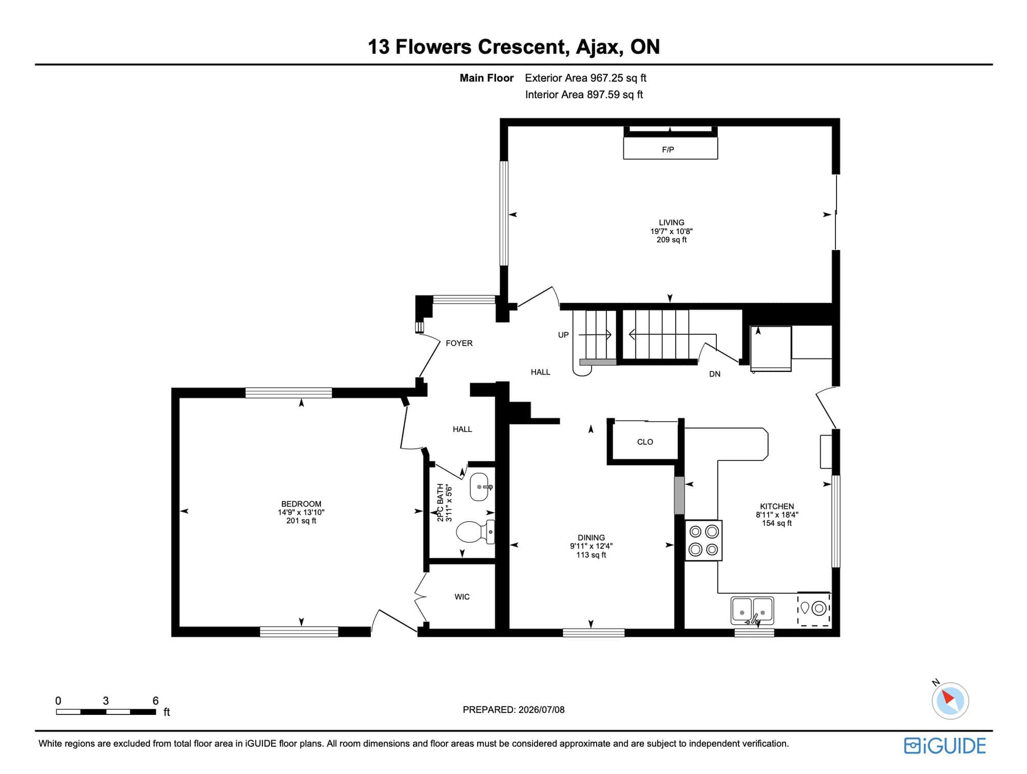 Main-floor plan of 13 Flowers Crescent in Ajax showing the living room, dining room, kitchen, bedroom, two-piece bathroom and foyer.