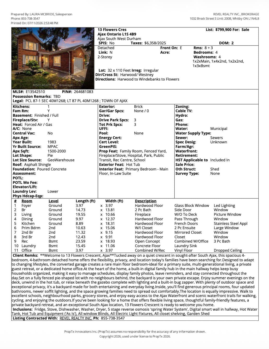 MLS listing sheet for 13 Flowers Crescent in Ajax, showing a four-bedroom detached home listed for $799,900.