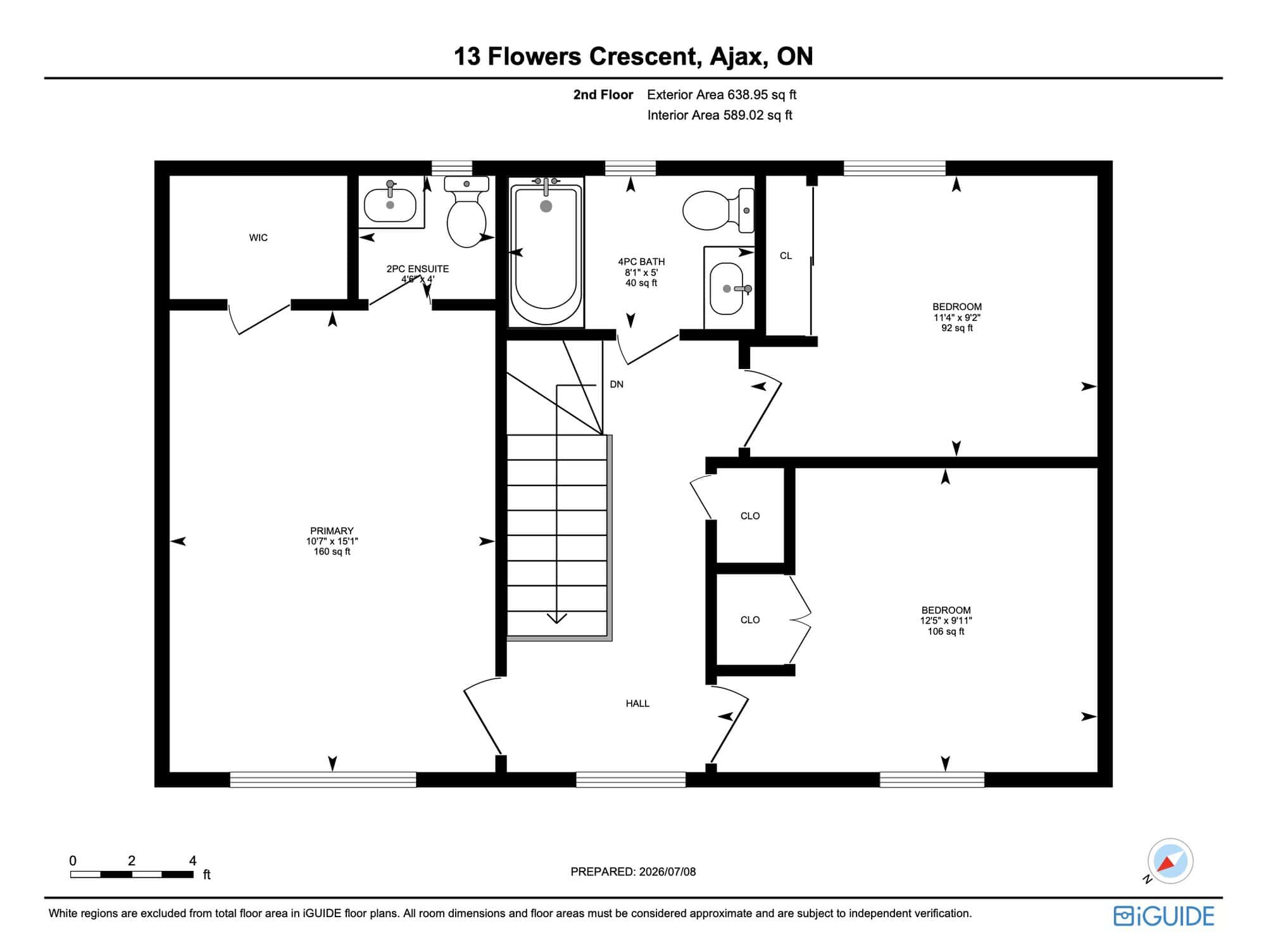 Second-floor plan of 13 Flowers Crescent in Ajax showing the primary bedroom, two additional bedrooms and two bathrooms.