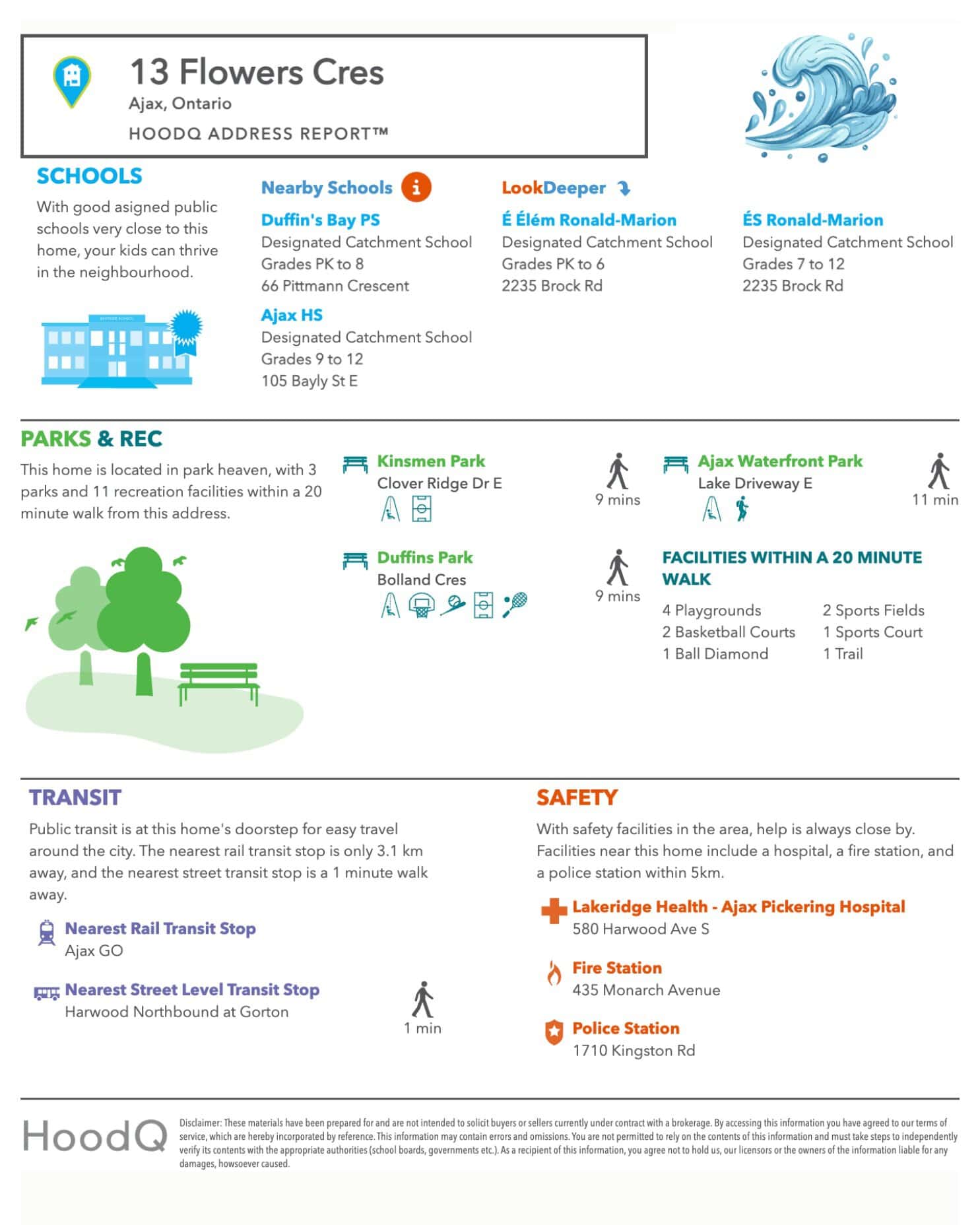 Neighbourhood report for 13 Flowers Crescent in Ajax showing nearby schools, parks, recreation, transit and safety services.