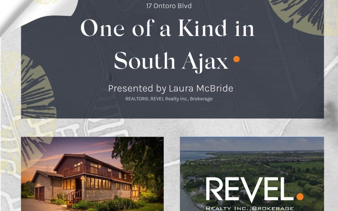 Feature page showing Exterior of 17 Ontoro Boulevard in South East Ajax at dusk, featuring stone and wood siding, an attached garage, upper balcony and mature landscaping abd the Revel Realty Logo over a shoreline view and also a watercolour map of the street