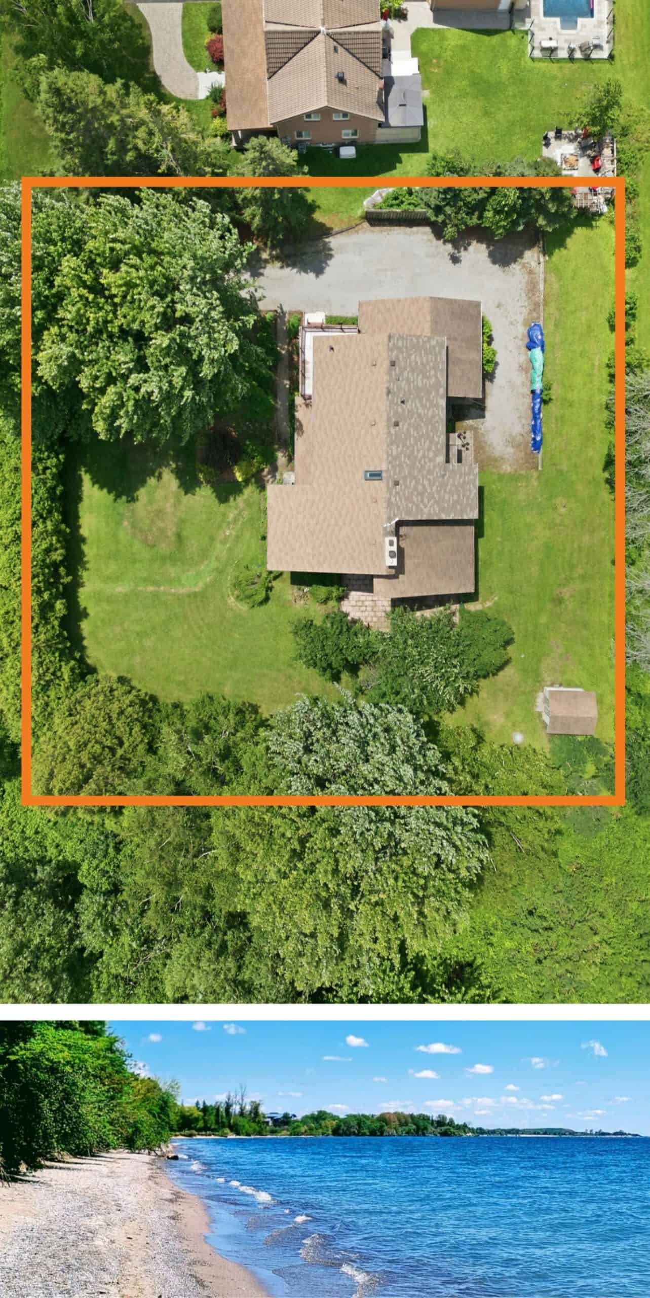 Aerial image of 17 Ontoro Blvd Ajax showing lot line and neighbouring shoreline