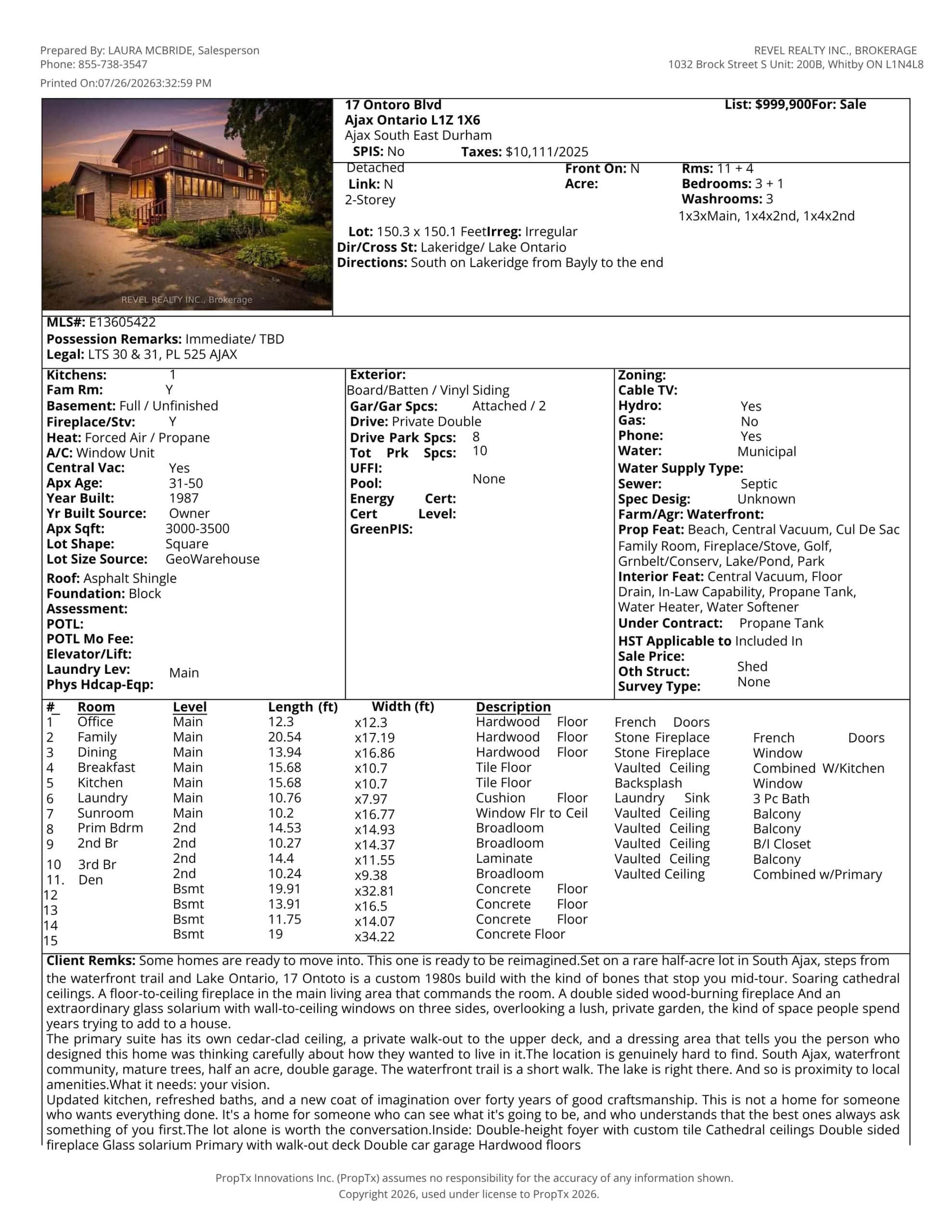 “MLS listing sheet for 17 Ontoro Boulevard in South East Ajax, showing the property photo, asking price, lot size, room details, taxes and home features.”