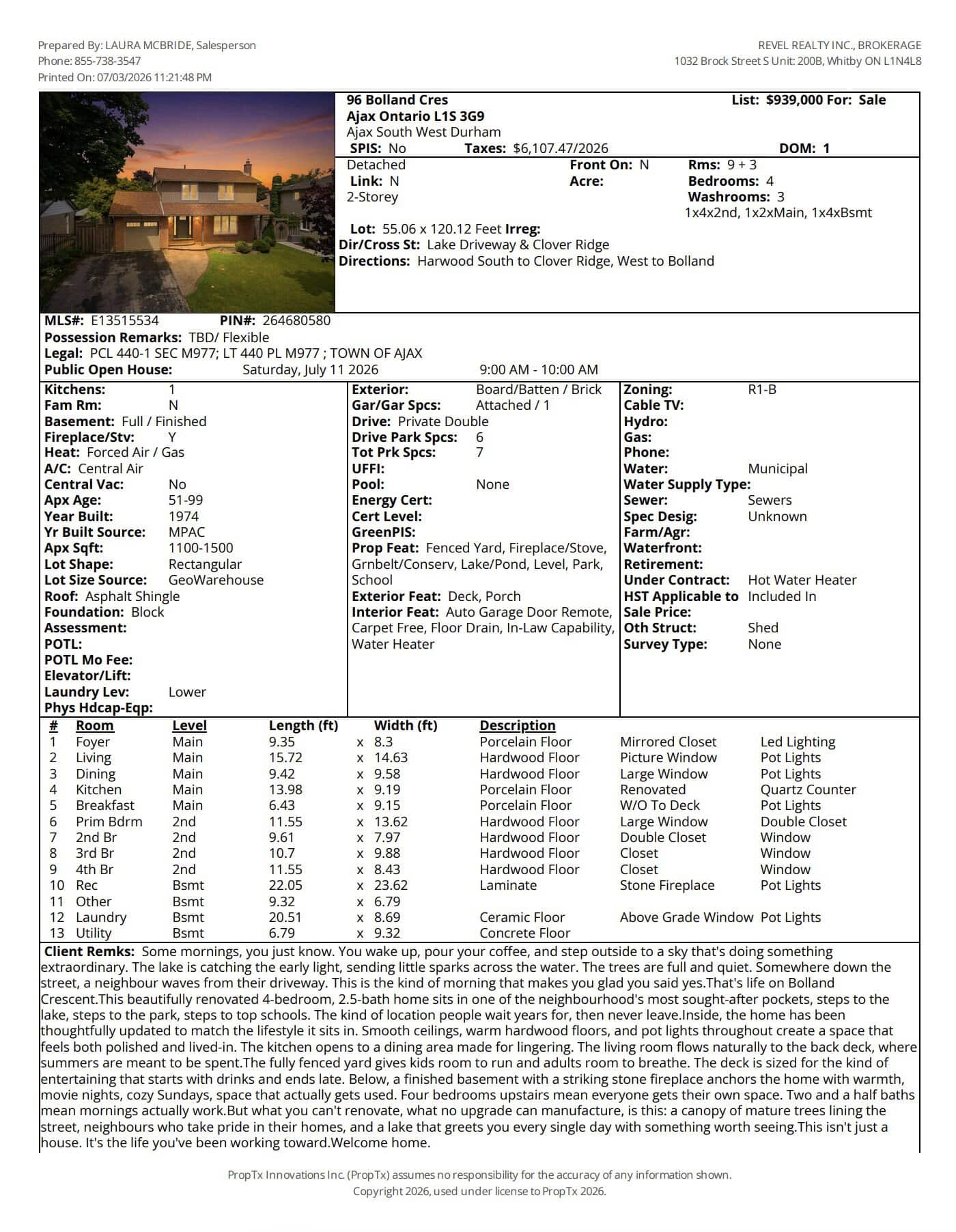 13 Rollo Dr, Ajax, Ontario semi-detached home for sale with a brick exterior, built-in garage, three bedrooms, two bathrooms, and a fenced backyard backing onto green space.