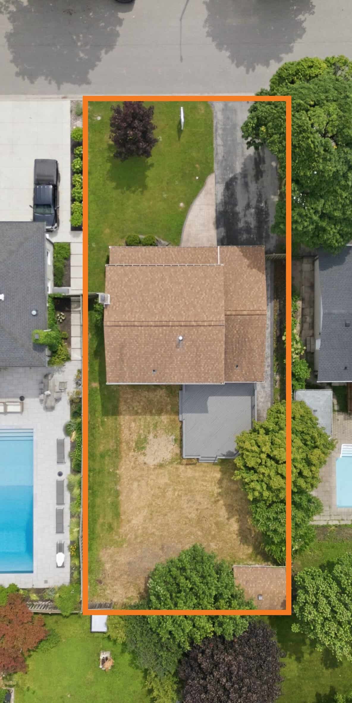 Aerial view of the lot at 96 Bolland Crescent in Ajax with property lines shown in orange.