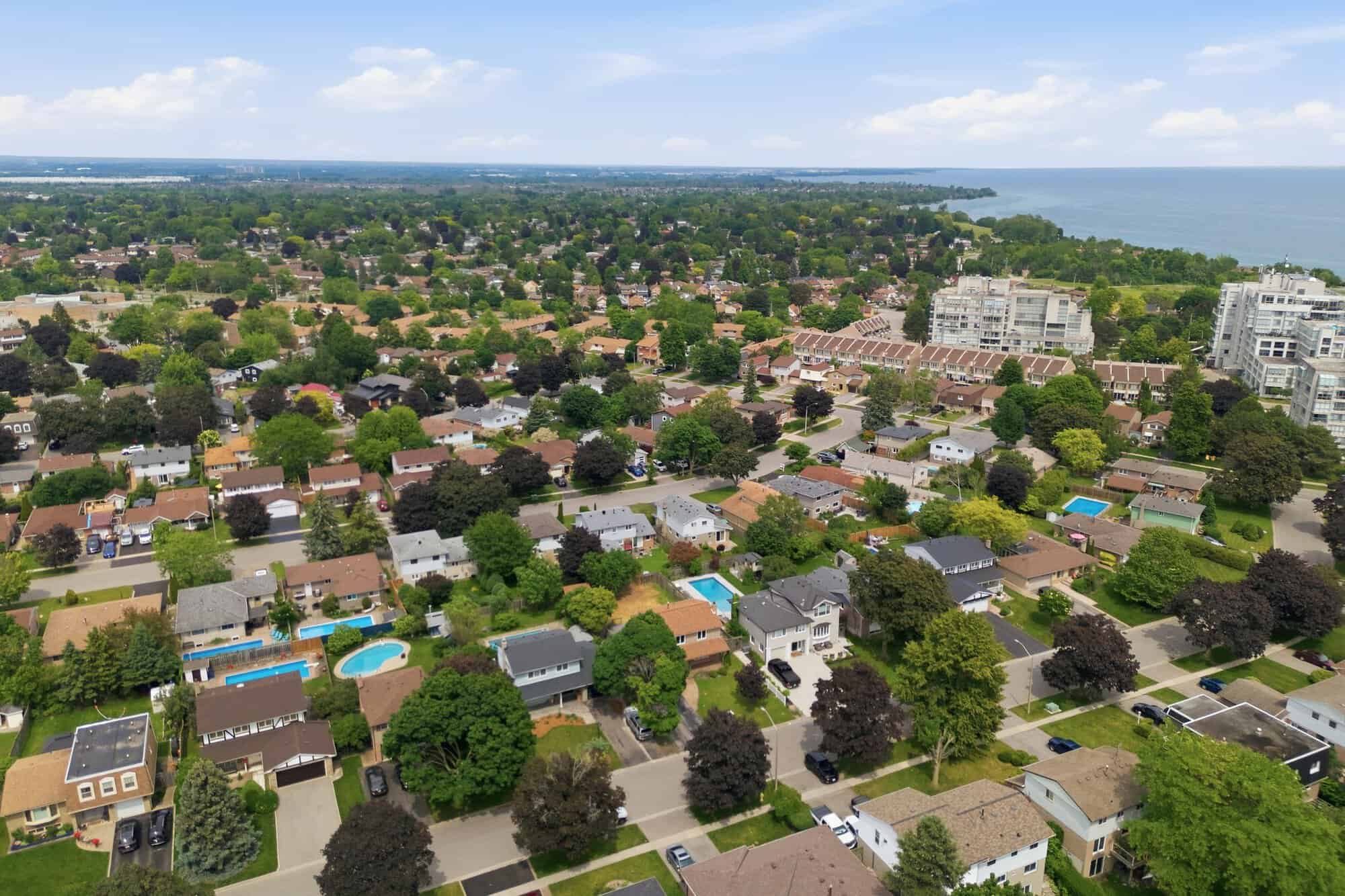 Aerial view of the South Ajax neighbourhood near 39 Anstead Crescent, showing nearby parkland and homes.