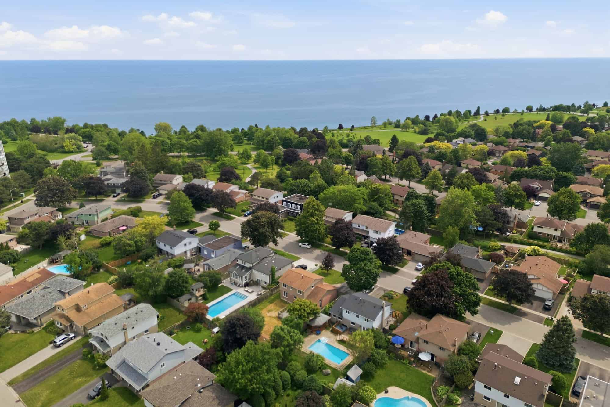 Aerial view of the South Ajax neighbourhood near 39 Anstead Crescent, with Lake Ontario in the distance.