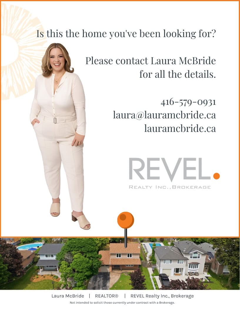 Contact page for Laura McBride, Ajax Realtor, with phone number, email, website, brokerage logo, and aerial image highlighting the Ajax bungalow for sale.