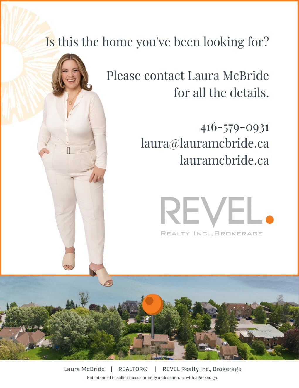 Laura McBride contact graphic for 17 Ontoro Blvd Ajax with phone number, email, website and REVEL Realty brokerage details.